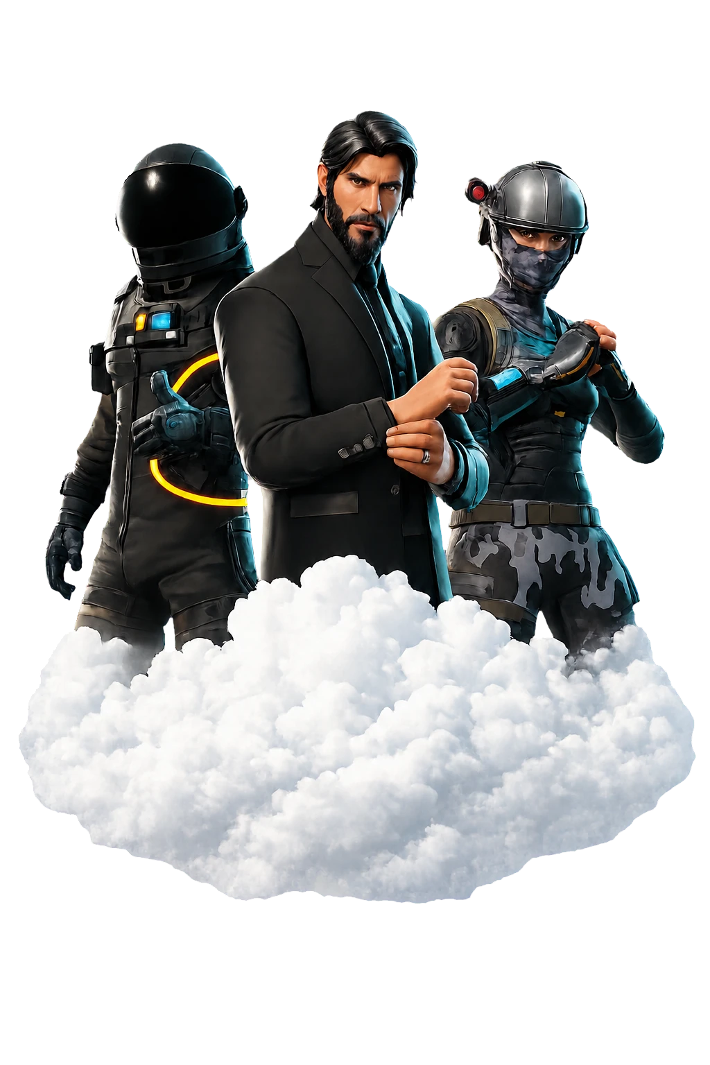 Three game characters standing on a cloud