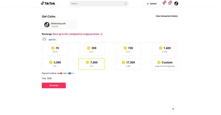 TikTok Fake Coins Recharge Page Script
