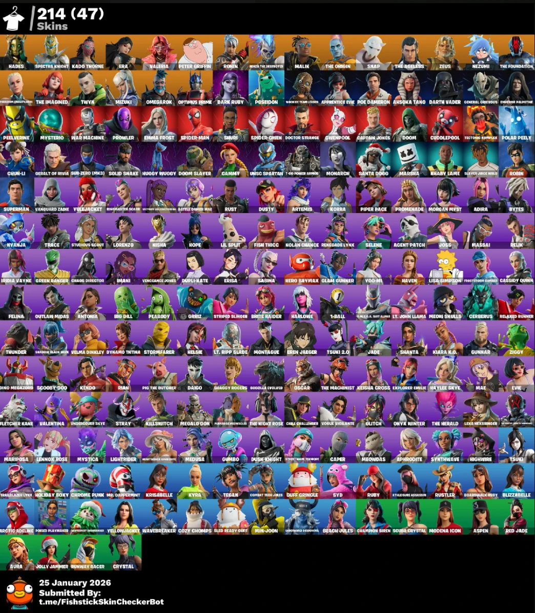 [PC] 214 skins | Hades | Spectra Knight | Kado Thorne | Era | Valeria | Peter Griffin | Ronin | Renzo the Destroyer | Malik | The Origin | Snap | 250 VB