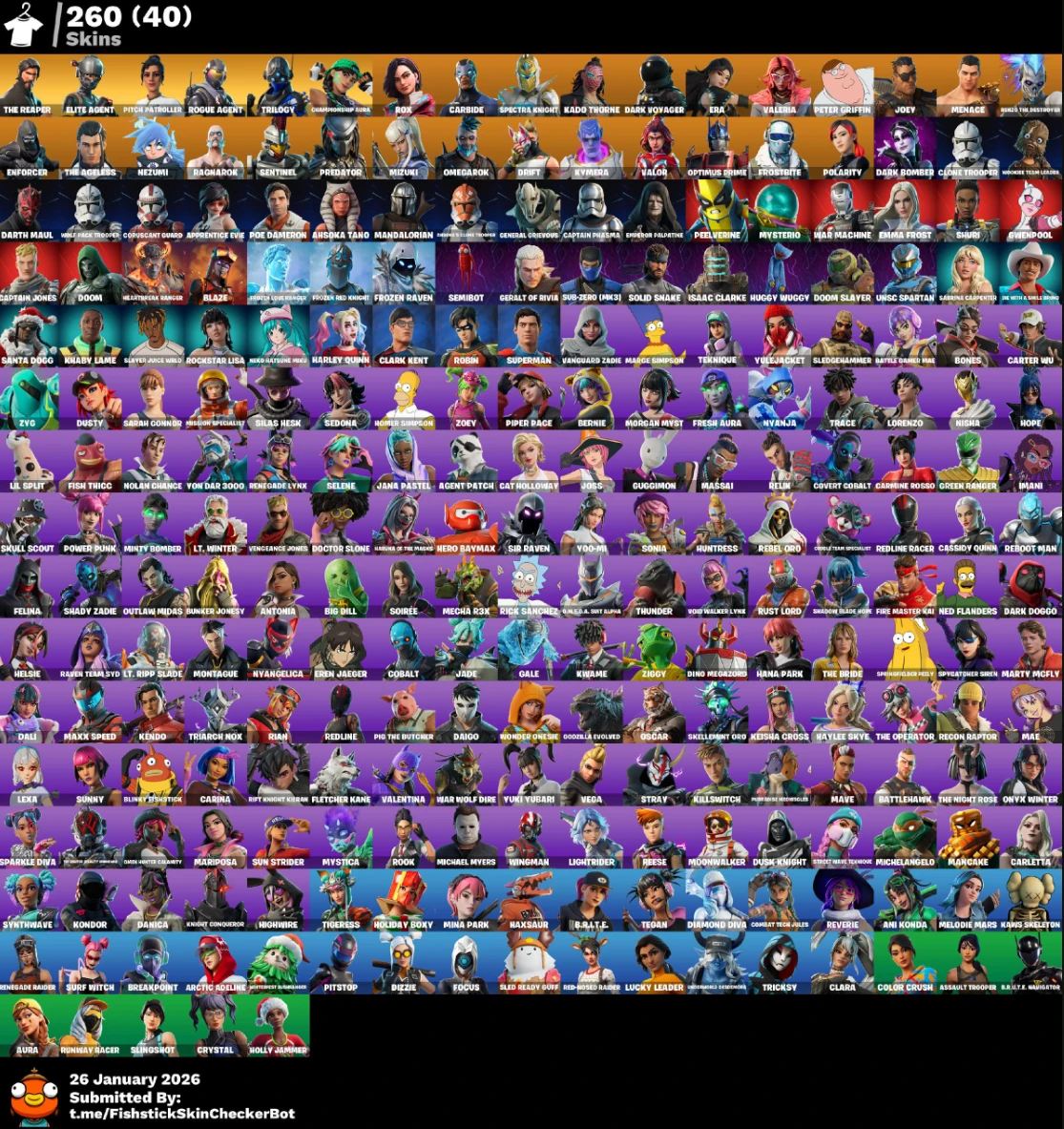 [PC] 260 skins | Renegade Raider | The Reaper | Elite Agent | Pitch Patroller | Rogue Agent | Trilogy | Championship Aura | Rox | Carbide | 1450 VB