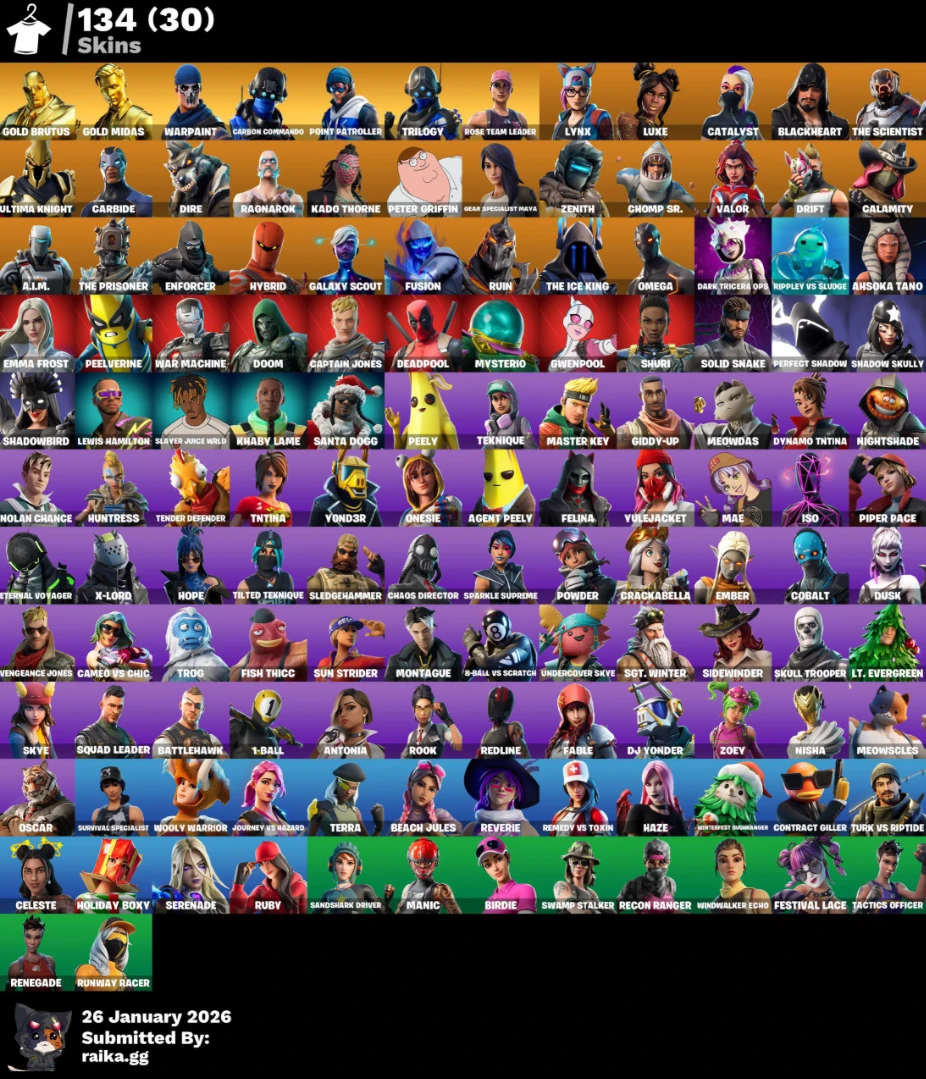 [PC] 134 skins | OG STW | Gold Brutus | Gold Midas | Carbon Commando | Point Patroller | Trilogy | Lynx | Luxe | Catalyst | Blackheart | The Scientist | 150 VB