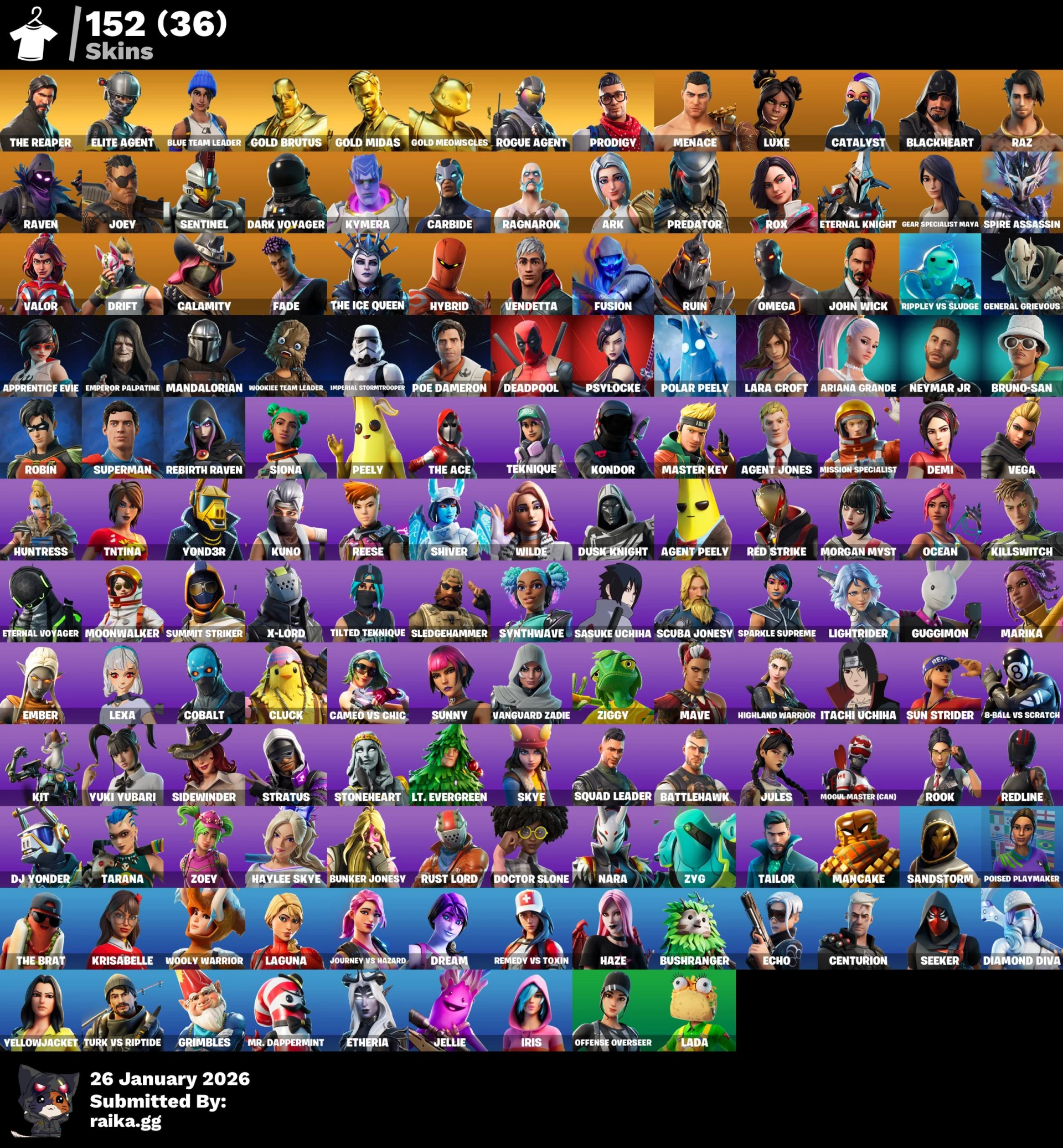 [PC] 152 skins | The Reaper | Elite Agent | Blue Team Leader | Gold Brutus | Gold Midas | Gold Meowscles | Rogue Agent | Prodigy | Menace | Luxe | 50 VB