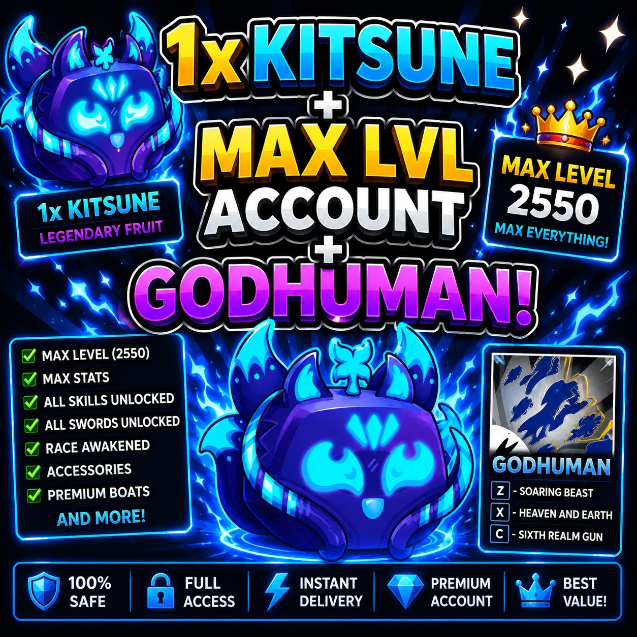 KITSUNE + MAX LVL ACC BLOX FRUITS